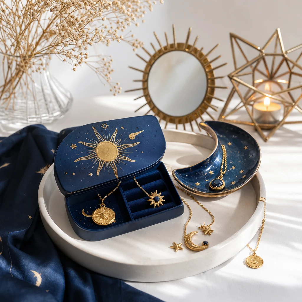 Sonnenschmuck und Mondschmuck in einer eleganten Alltags-Kombination – Sterniva