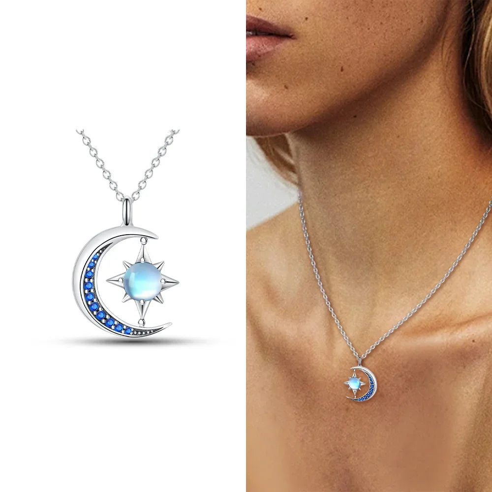 Funkelnde Blaue Mond & Sterne Herz Halskette